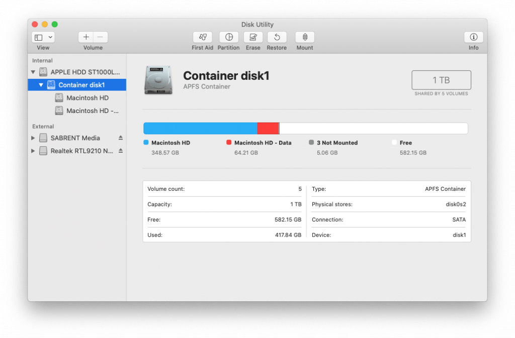 Apple Disk Utility on macOS Catalina showing containers